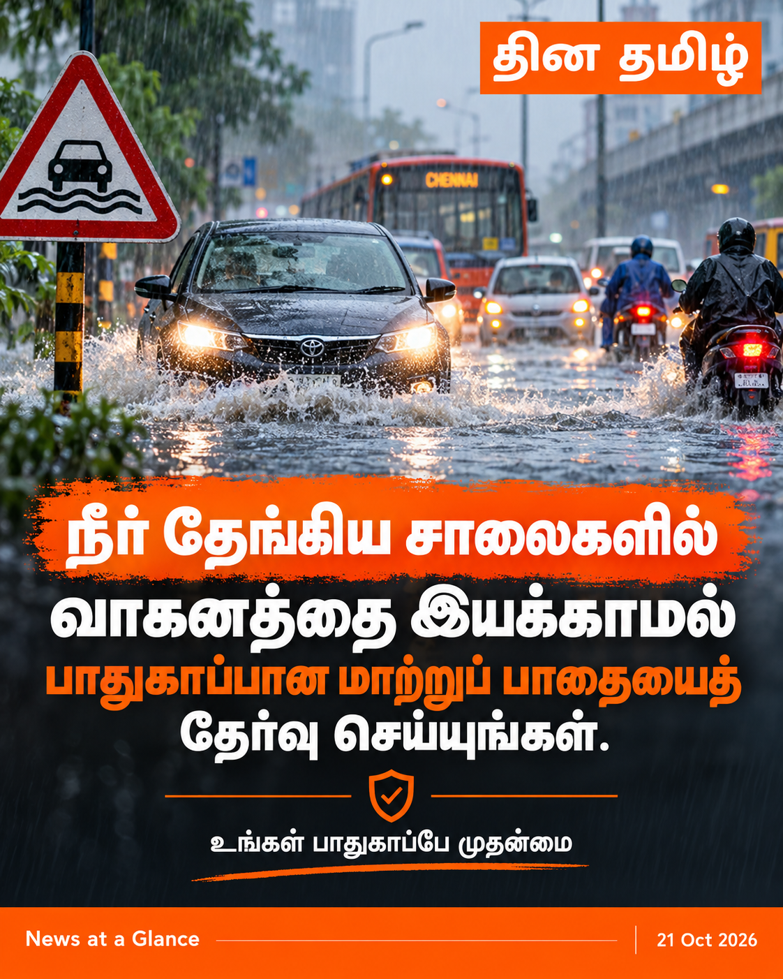 நீர் தேங்கிய சாலைகளில் வாகனம் ஓட்டுவதைத் தவிர்க்கும் மழைக்காலப் பாதுகாப்பு வழிகாட்டல் — AI விளக்கப்படம்