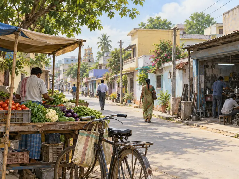 சிற்றூர் கடை மற்றும் வேலைக்கூடம் கொண்ட வாழ்வாதாரக் கற்பனைக் காட்சி; கணக்கெடுப்புப் புகைப்படம் அல்ல